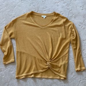 Tribal v-neck waffle knit long sleeve tee with twist waist, mustard, size Medium